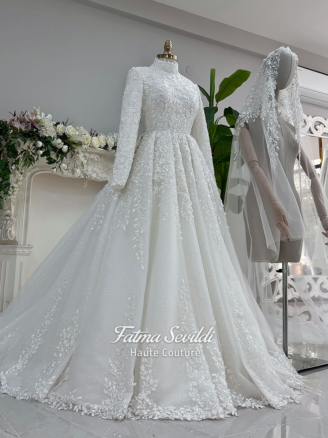 Modest white hijab wedding dress with lace, glitter tulle skirt, high neck sleeves