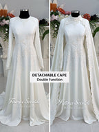 Modest Hijab Wedding Dress with Detachable Lace Cape, Long Sleeve Bridal Gown
