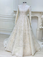 Elegant ivory Muslim wedding gown with beaded lace high neck long sleeves