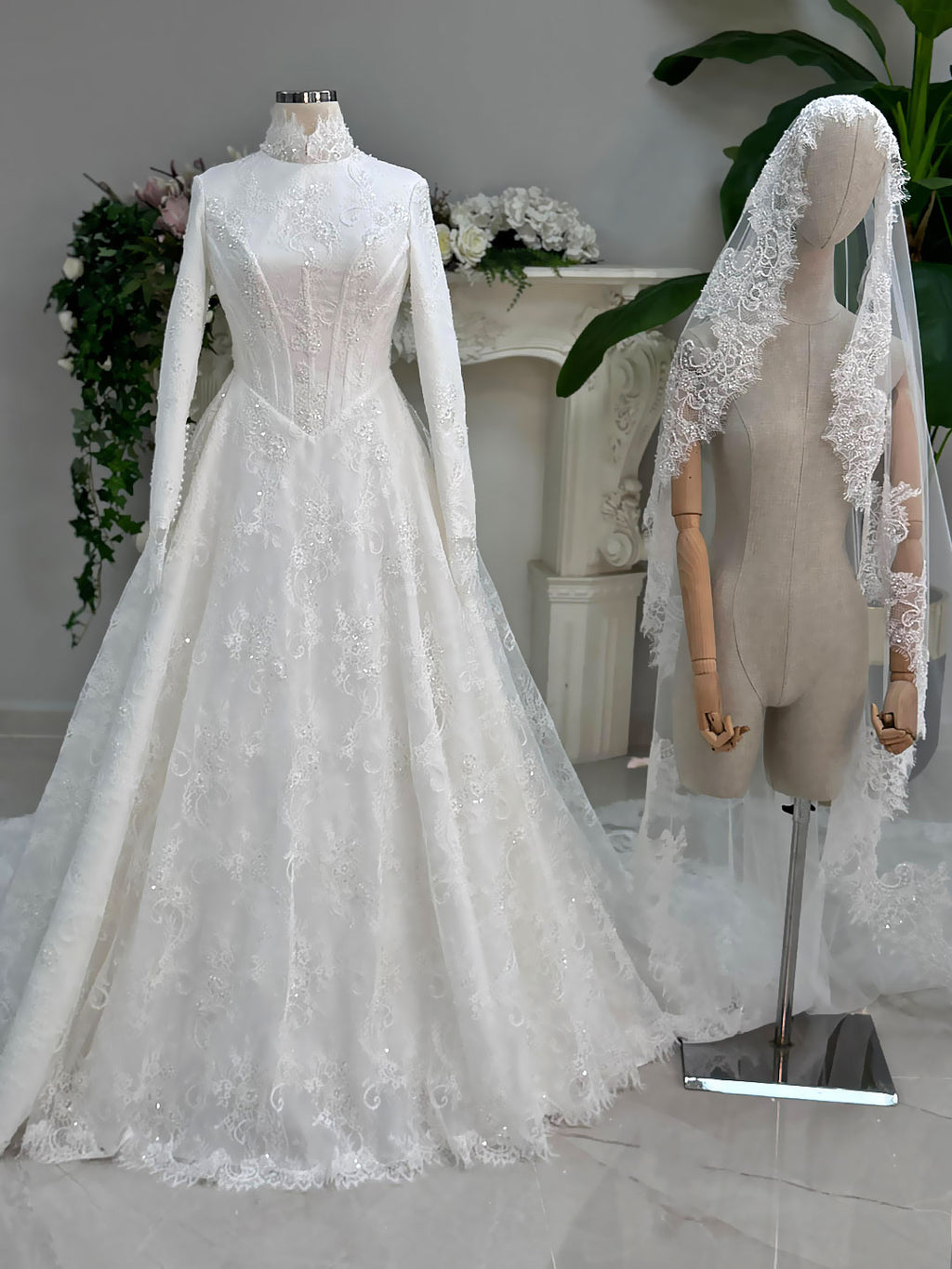 Elegant veiled modest hijab wedding dress with long sleeve lace A-line design