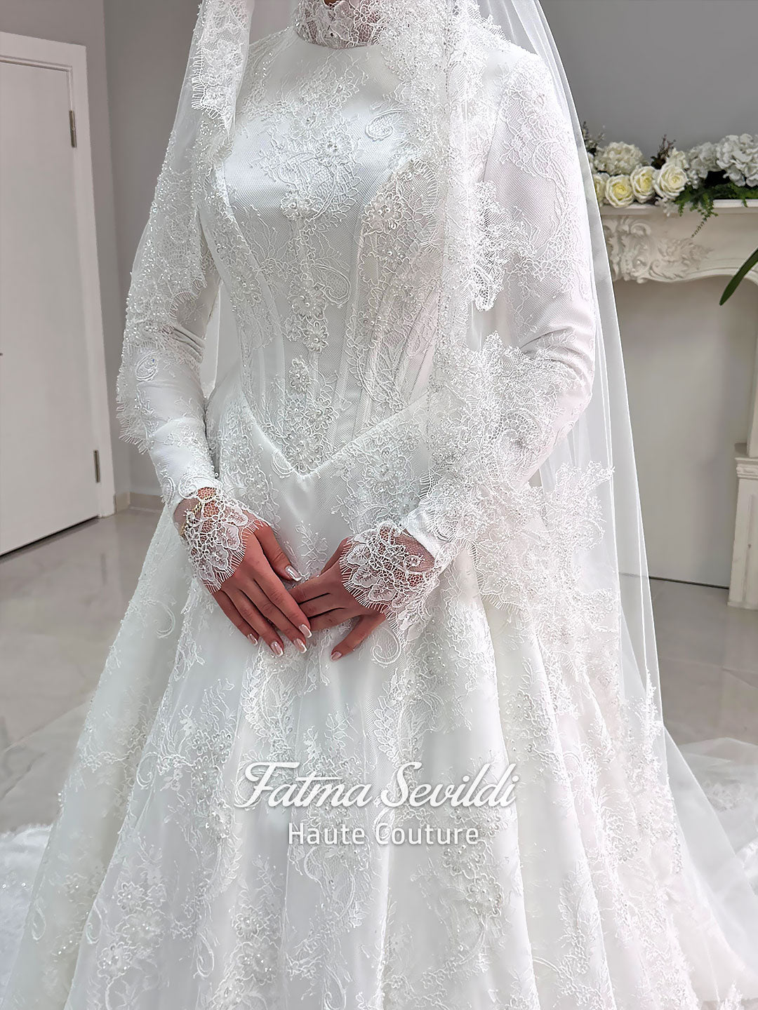 Veiled modest hijab wedding dress with lace A-line gown and veil