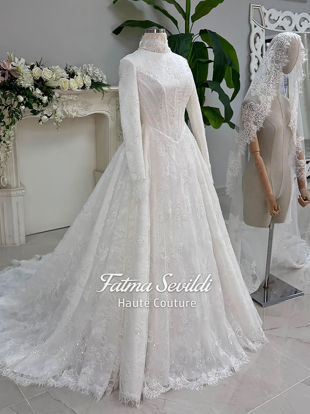 Veiled modest hijab wedding dress with long sleeve lace A-line gown and high neck