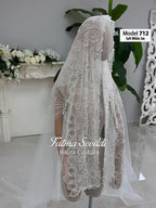Soft white lace veil model 712 with beaded floral patterns, PART13 cathedral bridal veil