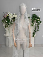Pearl silver beaded cathedral lace bridal veil with tiara, 1.5m long