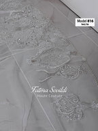 Ivory sheer veil with silver beaded paisley patterns, model 816 by Fatma Sevidli