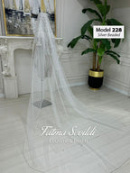 Silver beaded cathedral bridal veil with lace applique, model 228