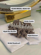 Silver rhinestone bridal crown on gray velvet bun with PART5 veil