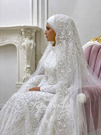 PART5 Beaded Lace Cathedral Bridal Veil, Hand-Sewn Appliqué, Mantilla Edge, Modest Hijab Option