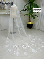 Delicate 3m white lace cathedral bridal veil with embroidered floral edges