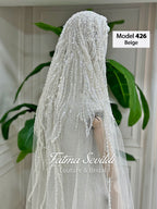 Beige hand-sewn beaded lace mantilla cathedral veil, model 426