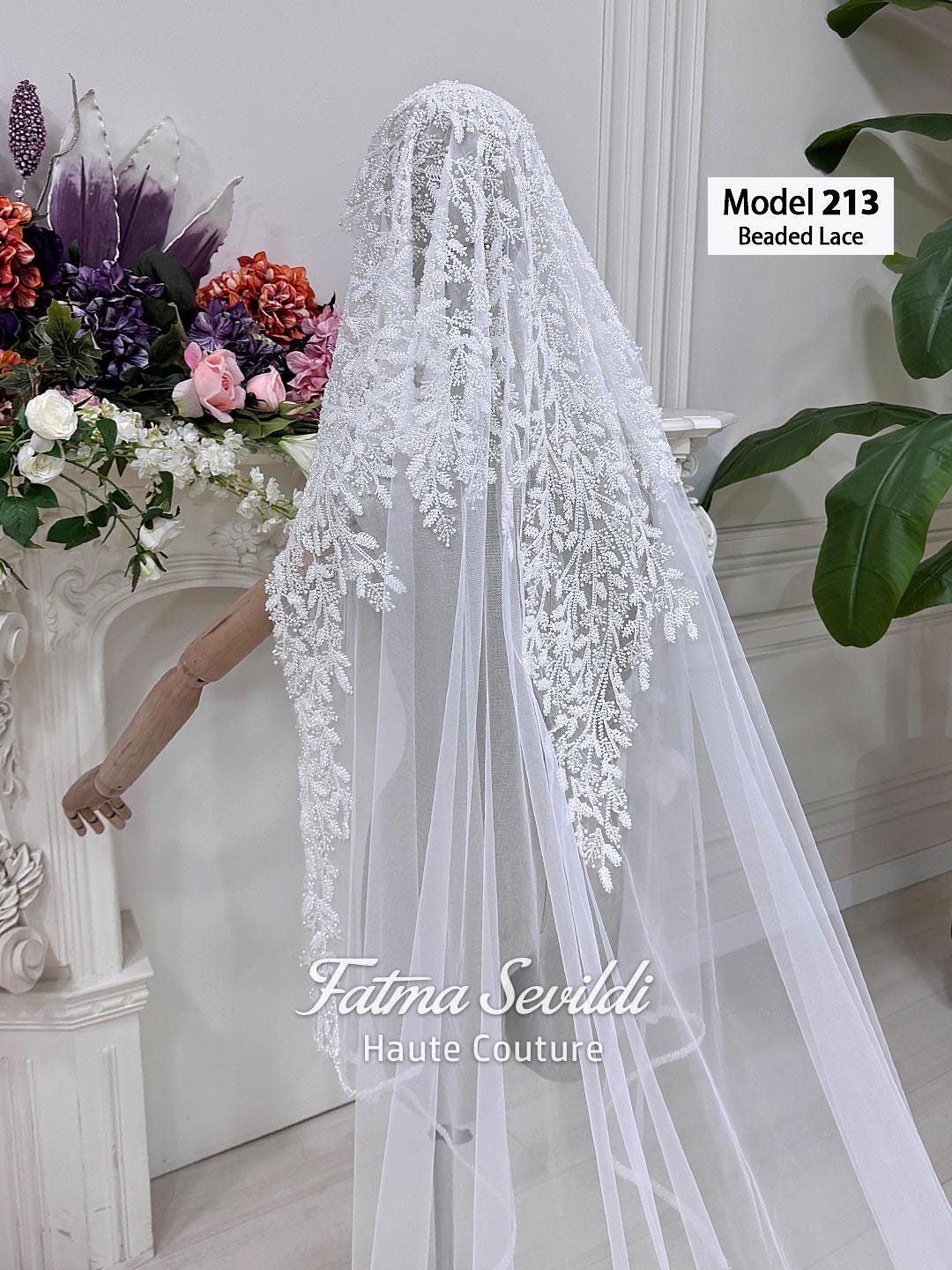 White beaded lace cathedral bridal veil by Fatma Sevildi model 213