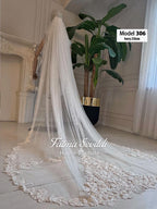 Ivory lace bridal veil with beaded floral embroidery and mantilla edge
