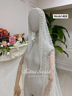 Delicate white beaded Pearl Lace Cathedral Bridal Veil with pearls and hijab option