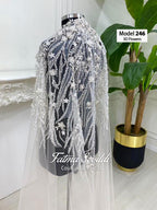 Pearl lace cathedral bridal veil with silver 3D floral embroidery and beading