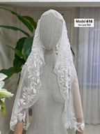 Short2 beaded lace bridal veil, waltz-chapel length, with floral embroidery