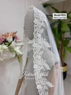 White beaded lace bridal veil, waltz-chapel length with floral embroidery