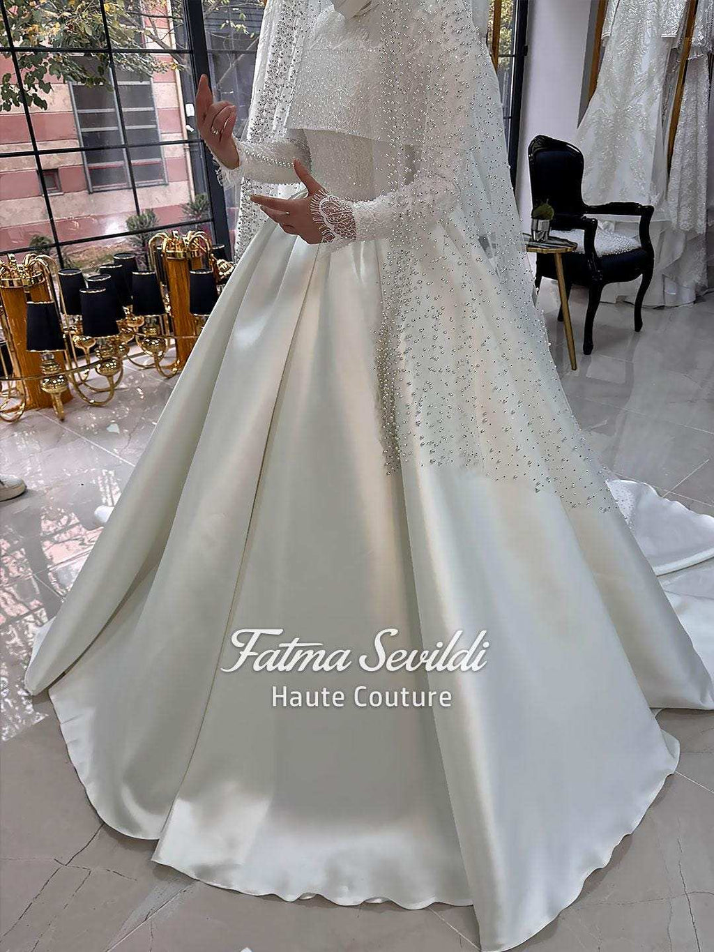Veiled hijab beaded lace satin ballgown with high neck and long sleeves