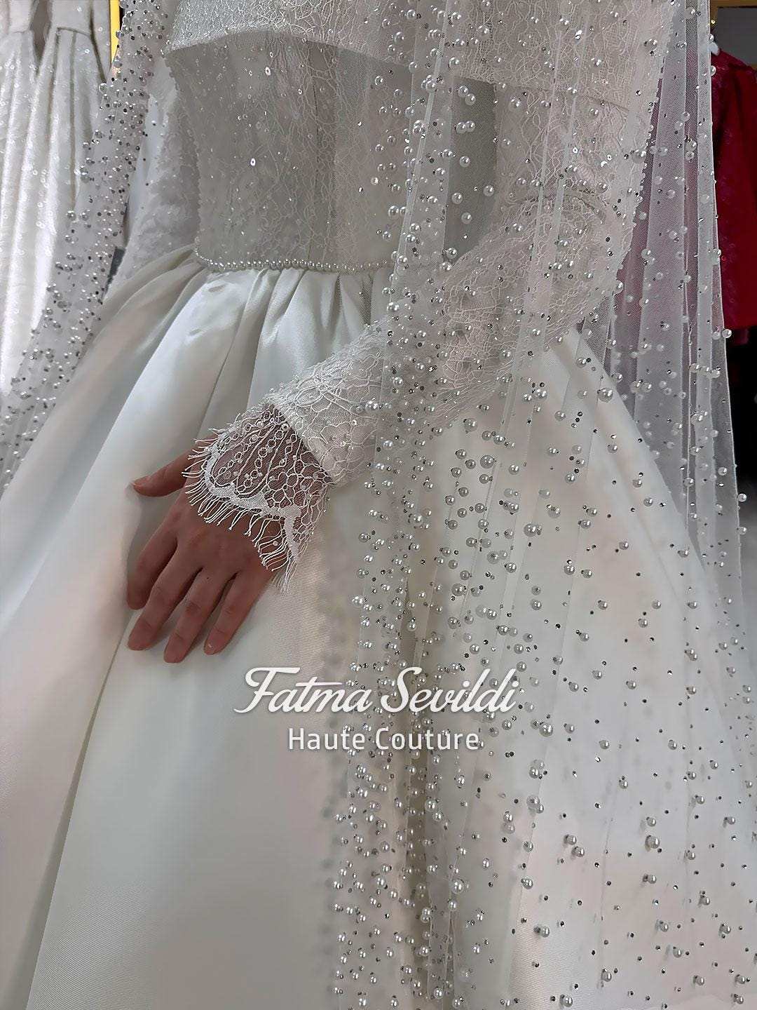 Veiled hijab beaded lace satin ballgown with intricate details
