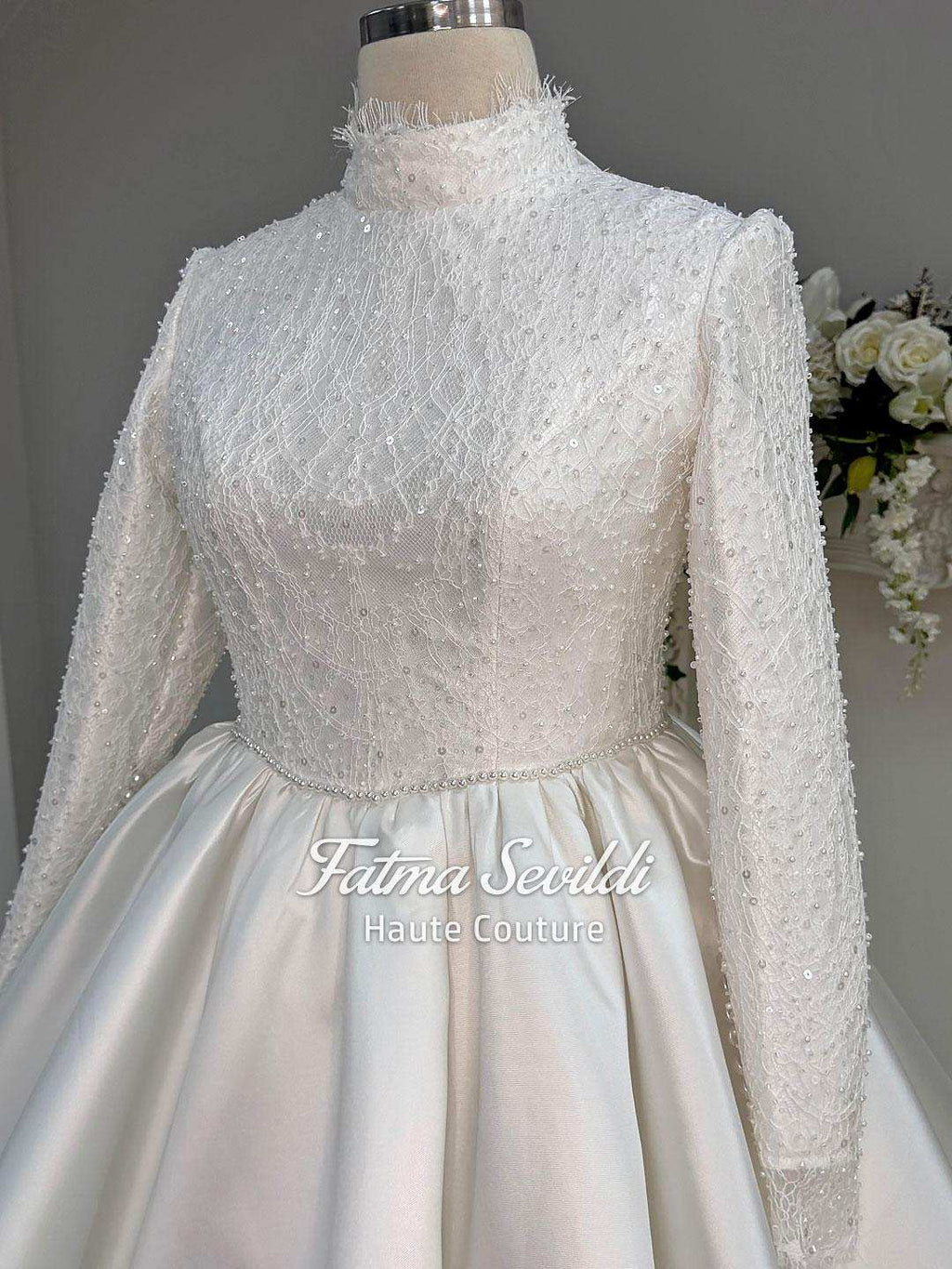 Veiled Hijab Beaded Lace Satin Ballgown Wedding Dress