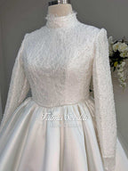 Veiled Hijab Beaded Lace Satin Ballgown Wedding Dress