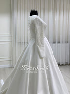 Satin modest long sleeve A-line Muslim wedding dress with veil