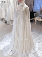 Satin Muslim wedding dress with long sheer cape, silver beading
