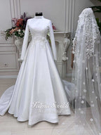 Elegant veiled 3D floral hijab wedding dress with long sleeves and lace