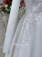Veiled 3D floral hijab wedding dress with silver beading and appliques