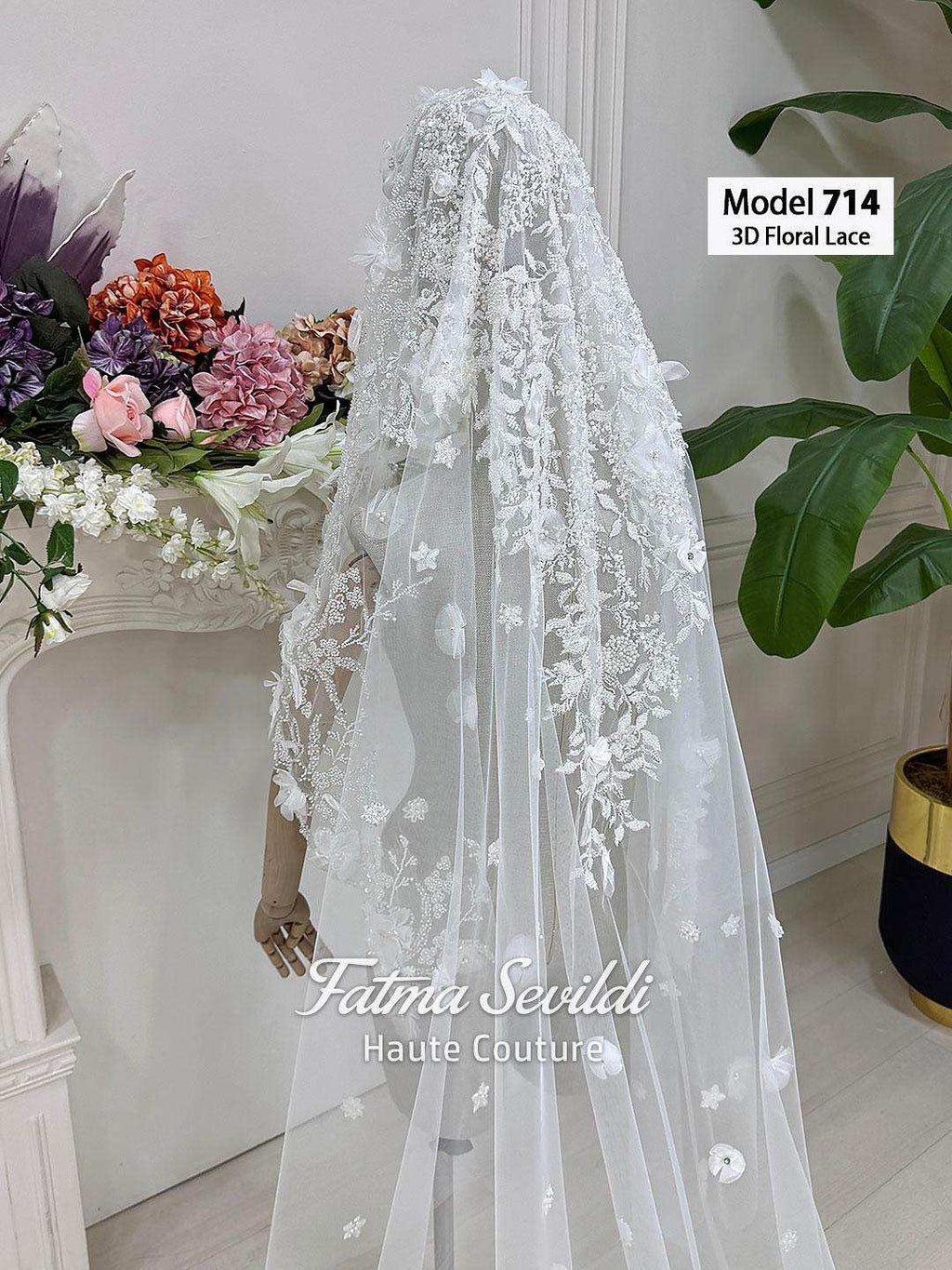 Delicate white 3D floral lace veil by Fatma Sevildi for Veiled hijab wedding dress