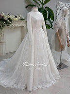 Veiled modest hijab wedding dress with long sleeve lace A-line gown and high neck