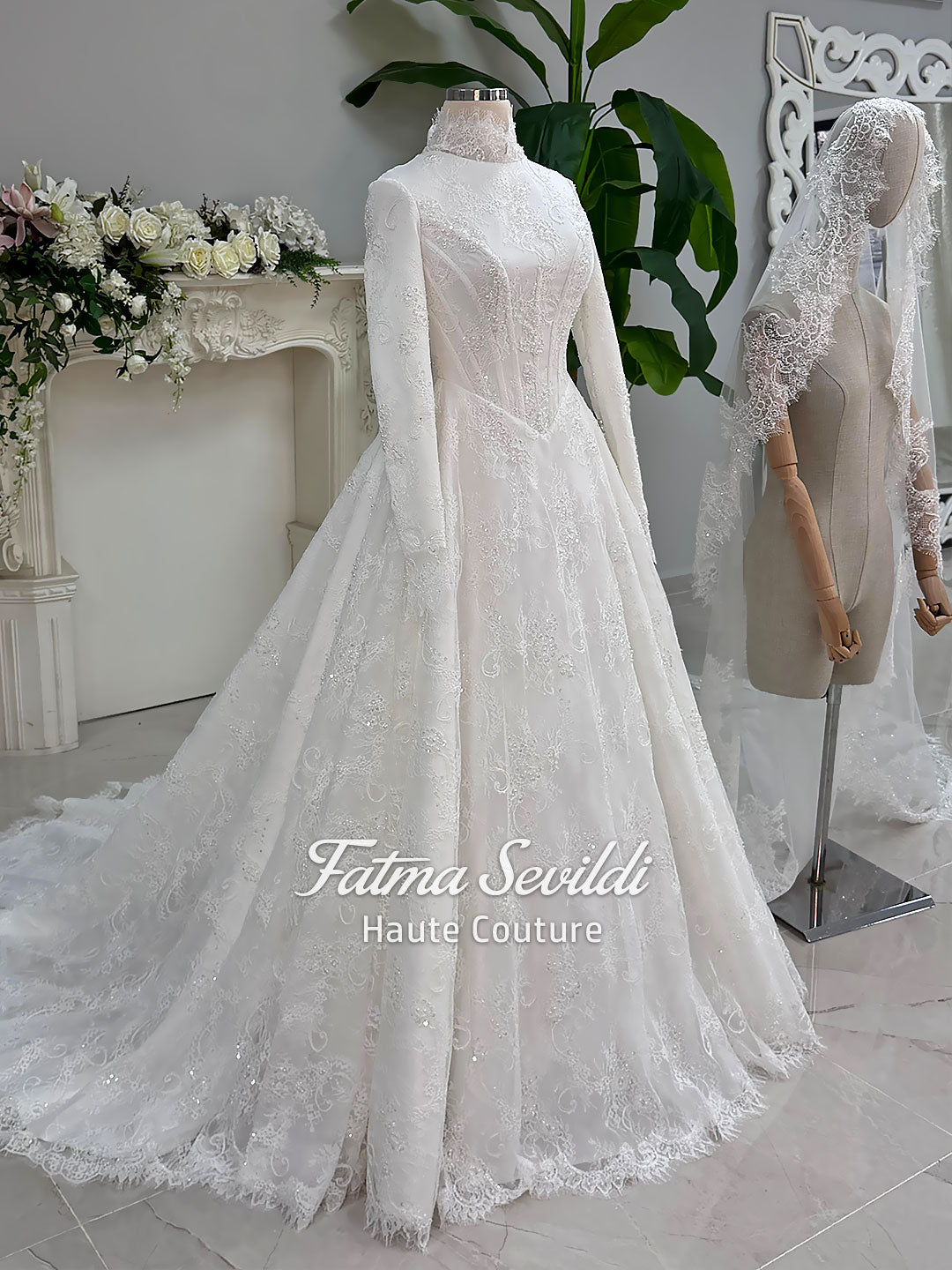 Veiled modest hijab wedding dress with long sleeve lace A-line gown and high neck
