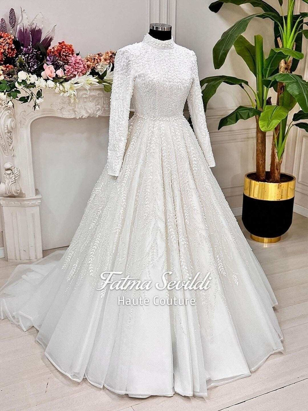 Veiled beaded lace hijab wedding dress with high neck long sleeves