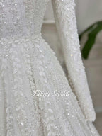 White veiled beaded lace hijab wedding dress with high neck and long sleeves