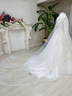Elegant beaded lace veiled hijab for modest Muslim bridal gown