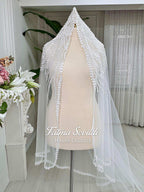 Delicate beaded leaf veil in sheer tulle for modest Muslim bridal gown