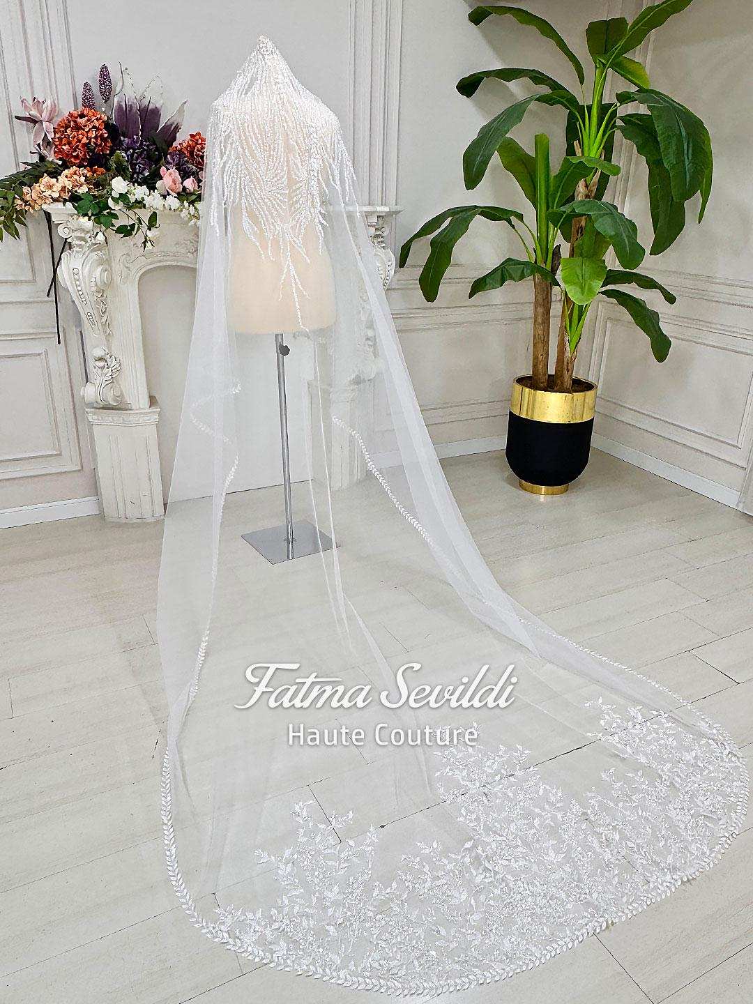 Delicate beaded lace bridal veil with floral embroidery for modest Muslim wedding gown