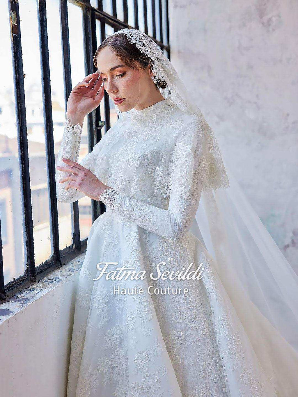 Veiled elegant modest hijab lace wedding gown with floral embroidery