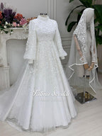Veiled hijab wedding dress with high neck, balloon sleeves, beaded lace ballgown