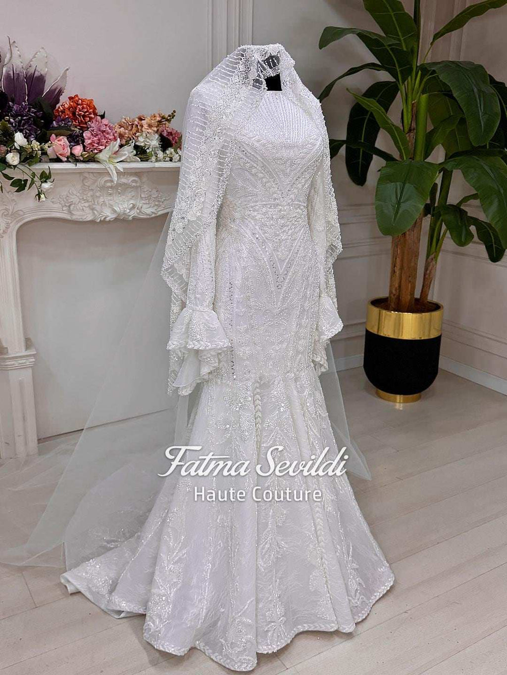 Veiled Hijab beaded lace high neck long sleeve mermaid wedding gown