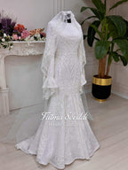 Veiled Hijab beaded lace high neck long sleeve mermaid wedding gown