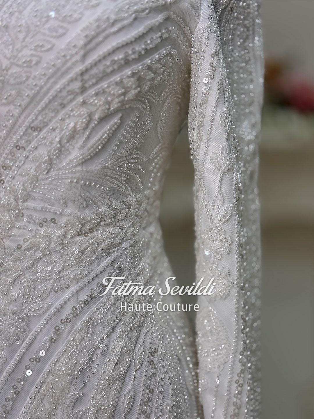 Beaded lace high neck long sleeve mermaid veiled hijab wedding gown