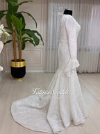 Veiled hijab beaded lace high neck long sleeve mermaid wedding gown