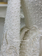Veiled modest wedding dress with beaded lace, high neck, long sleeves