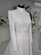 Beaded lace long-sleeve veiled hijab wedding gown with detachable skirt