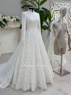 Veiled Hijab Wedding Dress: Beaded Lace Long Sleeve Modest Gown