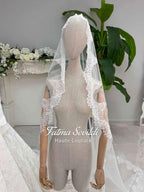 White lace bridal veil with floral embroidery for veiled hijab gown