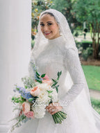 Veiled hijab wedding dress with high neck beaded lace long sleeves