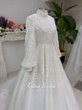 Elegant veiled hijab wedding dress with high neck beaded lace long sleeves