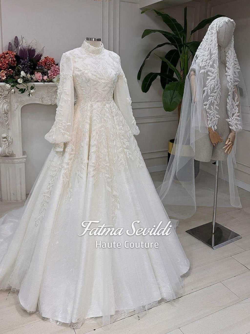 Elegant veiled hijab lace wedding gown with high neck, long sleeves, beading