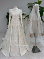 Veiled Hijab Wedding Dress, High Neck Beaded Lace Long Sleeve Elegant Modest A-Line Gown